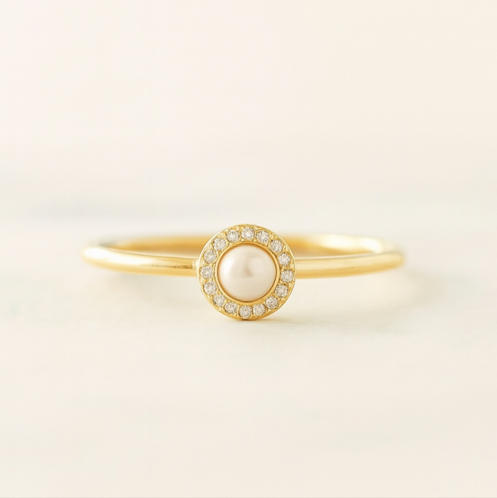 Dainty Soft Glow Pearl Halo Stacking Ring